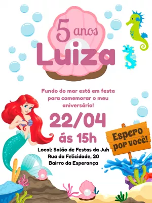 Convite Aniversário Sereia Ariel com Foto para Editar Online