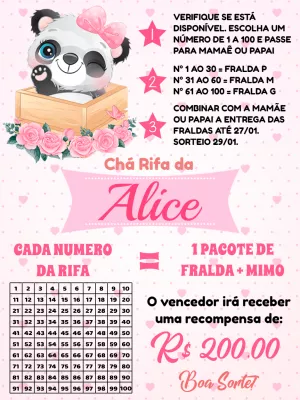 Convite Chá Rifa de Panda Fofo para Editar Online
