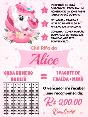 Convite Chá Rifa Unicórnio Delicado para Editar Online