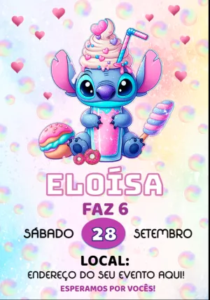 Convite Aniversário Stitch Rosa com Doces para Editar Online