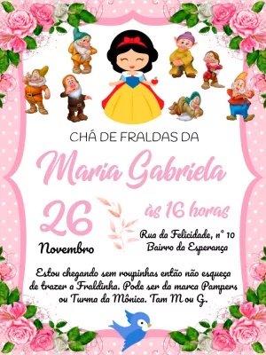 Convite Chá de Fraldas Branca de Neve para Editar Online