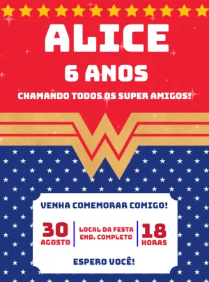 Convite Aniversário Mulher Maravilha para Editar Online