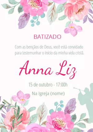 Convite de Batizado Floral Aquarela para Editar Online