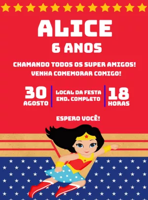 Convite Aniversário Mulher Maravilha para Editar Online
