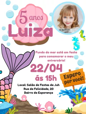 Convite Aniversário Sereia com Foto para Editar Online