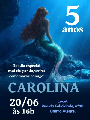 Convite Aniversário Pequena Sereia Filme para Editar Online
