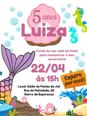 Convite Aniversário Sereia Fundo do Mar para Editar Online
