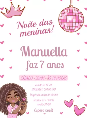 Convite Festa do Pijama Noite das Meninas para Editar Online