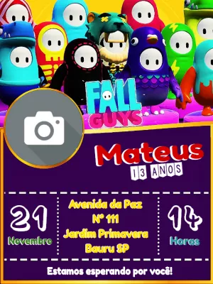 Convite Aniversário Fall Guys com Foto para Editar Online