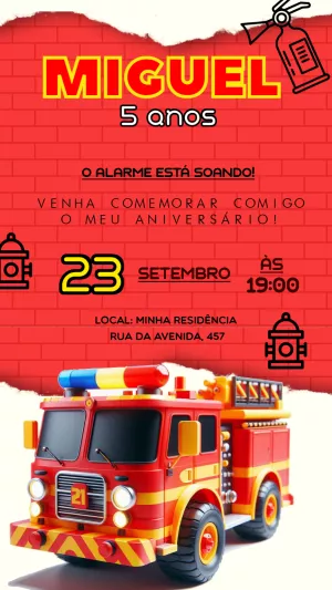 Convite de Aniversário Bombeiro com Caminhão para Editar Online