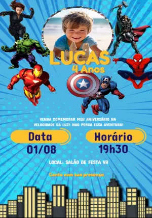 Convite Aniversário Vingadores com Foto para Editar Online