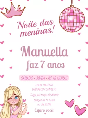 Convite Aniversário Festa do Pijama Rosa para Editar Online