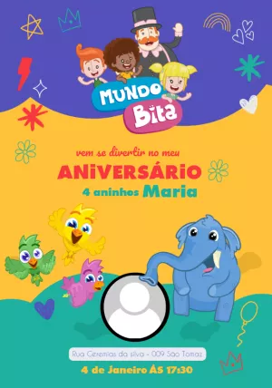 Convite de Aniversário Mundo Bita com Foto para Editar Online