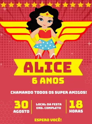 Convite Aniversário Mulher Maravilha para Editar Online
