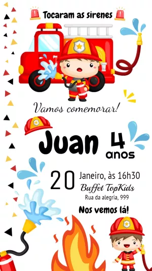 Convite Aniversário Bombeiro Infantil para Editar Online