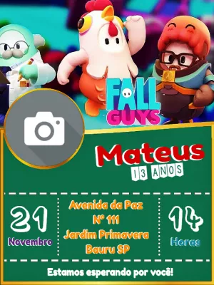 Convite de Aniversário Fall Guys com Foto para Editar Online
