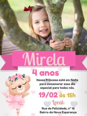 Convite Aniversário Ursinha Bailarina com Foto para Editar