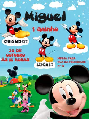 Convite Aniversário Mickey Mouse com a Turma para Editar Online