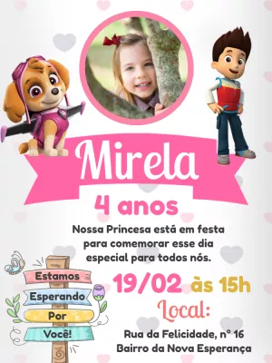Convite Aniversário Patrulha Canina com Foto para Editar Online