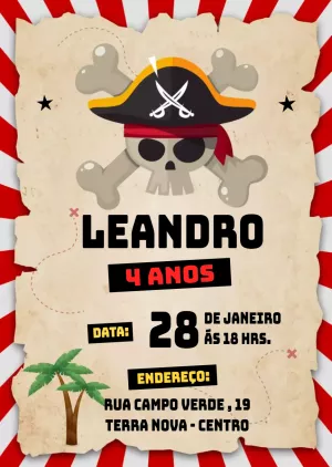 Convite de Aniversário Pirata com Caveira para Editar Online