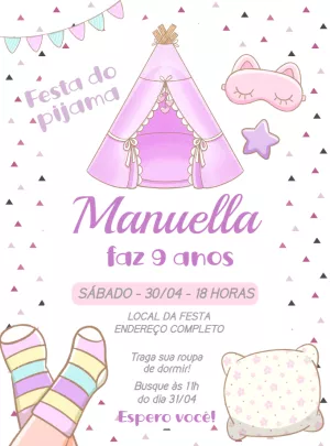 Convite Aniversário Festa do Pijama com Tenda para Editar Online