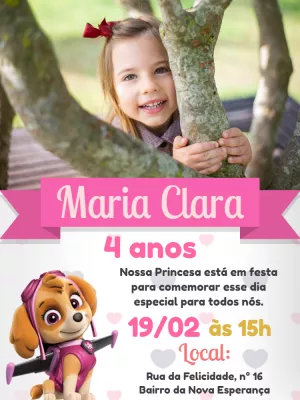 Convite Aniversário Patrulha Canina Skye com Foto para Editar