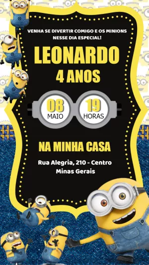 Convite de Aniversário Minions para Editar Online e Imprimir