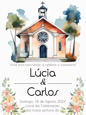 Convite de Casamento Igreja Aquarela para Editar Online