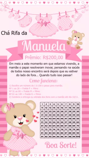 Convite Chá Rifa Ursinha Princesa para Editar Online