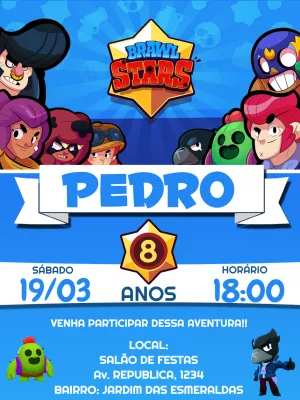 Convite de Aniversário Brawl Stars com Personagens para Editar