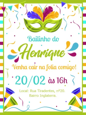 Convite de Aniversário Bailinho de Carnaval para Editar Online