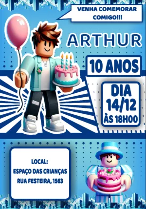 Convite de Aniversário Roblox com Personagens para Editar Online