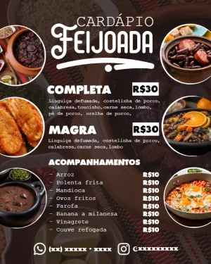 Cardápio de Feijoada para Restaurante para Editar Online
