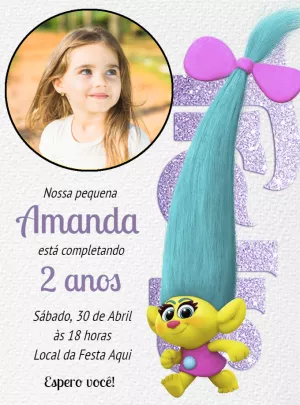Convite Aniversário Trolls com Foto para Editar Online