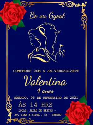 Convite de Aniversário A Bela e a Fera para Editar Online