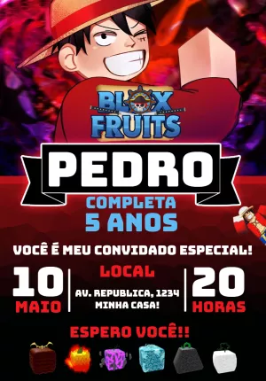 Convite de Aniversário Blox Fruits Roblox para Editar Online