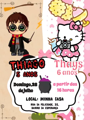 Convite Aniversário Duplo Harry Potter e Hello Kitty para Editar