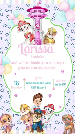 Convite Aniversário Patrulha Canina Rosa para Editar Online