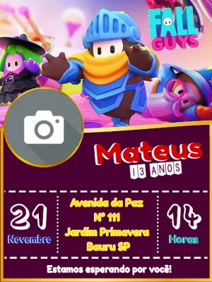 Convite de Aniversário Fall Guys com Foto para Editar Online