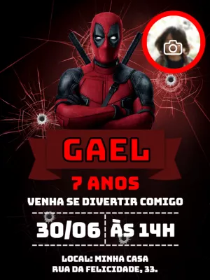 Convite Aniversário Deadpool com Foto para Editar Online