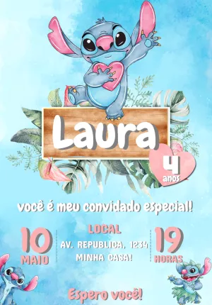 Convite Aniversário Stitch Tropical para Editar Online