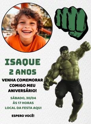 Convite de Aniversário Hulk com Foto para Editar Online