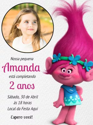 Convite de Aniversário Trolls com Foto para Editar Online