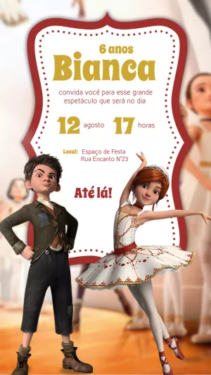 Convite Aniversário A Bailarina com Personagens para Editar Online