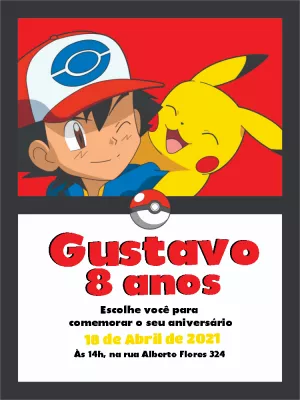Convite de Aniversário Pokémon com Ash e Pikachu para Editar