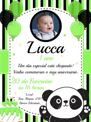 Convite Aniversário Panda com Foto para Editar Online