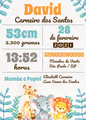 Quadro Nascimento Safari com Animais Fofos para Editar Online