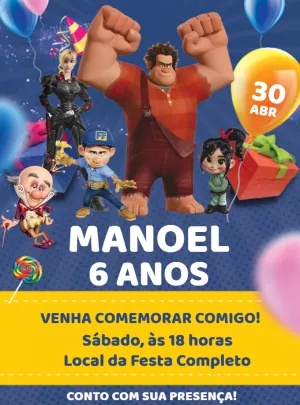 Convite de Aniversário Detona Ralph com Personagens para Editar