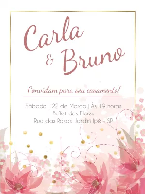 Convite de Casamento Floral Rosa e Dourado para Editar Online