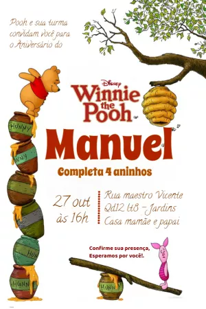 Convite de Aniversário Ursinho Pooh e sua Turma para Editar